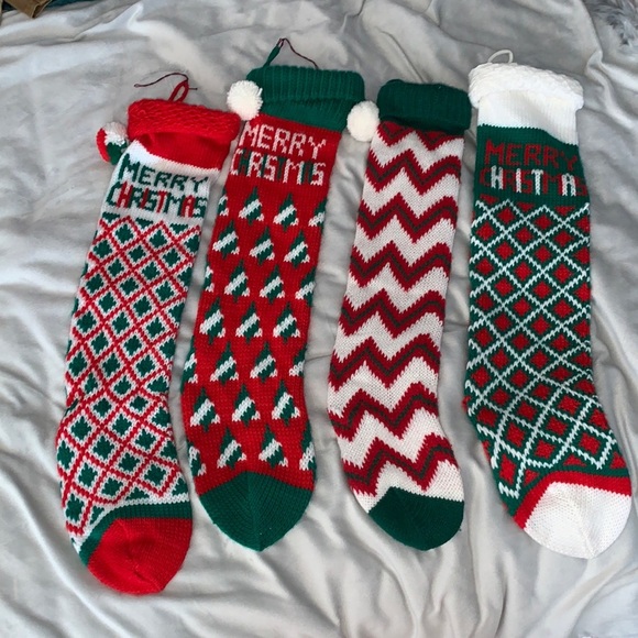 Vintage long knit Christmas stockings red green family set matching pom pom - Picture 1 of 7